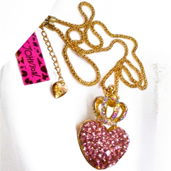 Betsey Johnson Gold Crystal Crown Pink CZ Heart Necklace 18”-22” chain NEW NWT - Picture 7 of 7